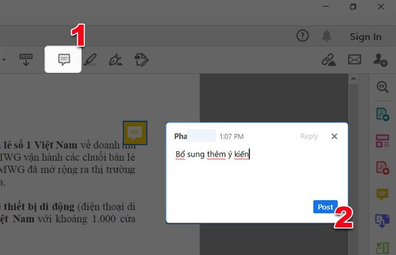 Nhấp vào biểu tượng tin nhắn để thêm ghi chú vào file