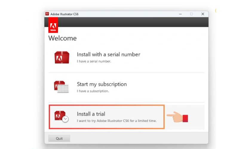 Chọn “Install a trial” và tiếp tục