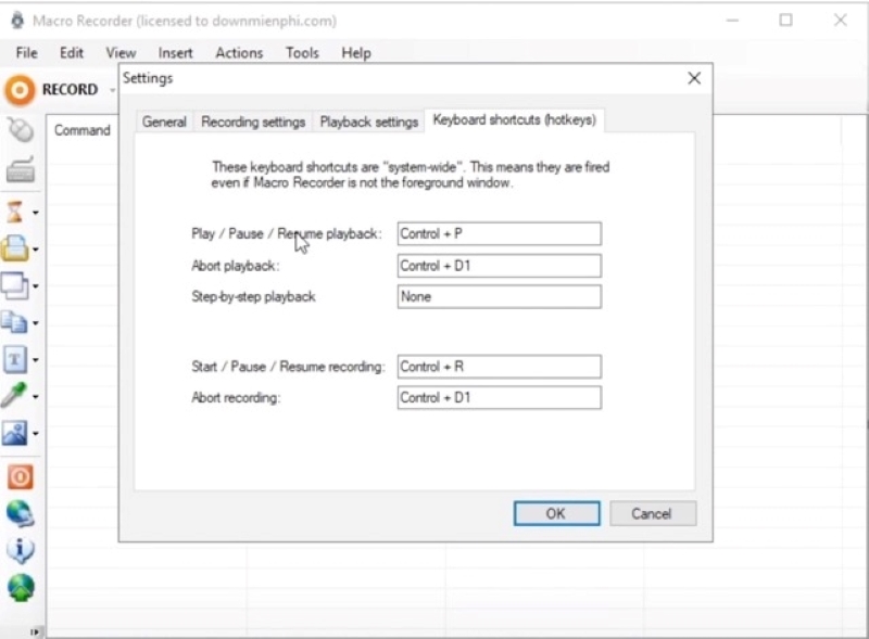 thiết lập tổ hợp phím thao tác