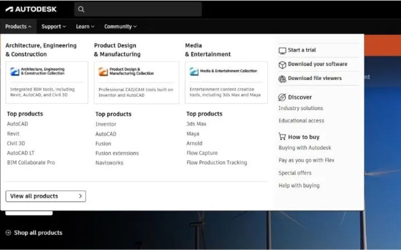 vào muc products tìm autocad 2018